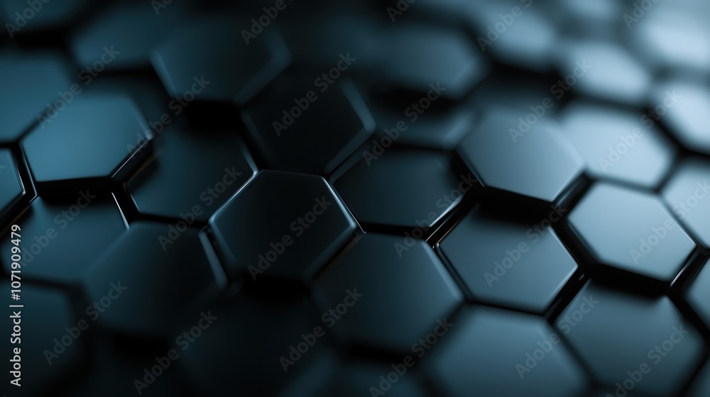Poster a detailed view of dark hexagonal tiles casting deep shadows, enhancing the depth and dimensionality