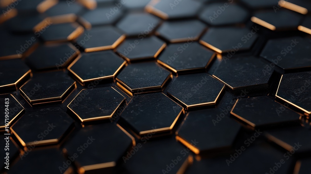 Poster close-up of a textured hexagonal surface with sleek black tones and golden highlights, offering a st