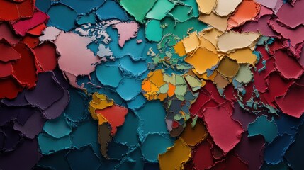 A visually striking artistic representation of a world map, creatively crafted with textured, colorful pieces resembling torn paper, symbolizing diversity and unity.