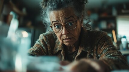 Fototapeta premium An elderly woman with glasses exhibits a thoughtful expression, captured amidst her daily surroundings. The image suggests contemplation, wisdom, and life experience.
