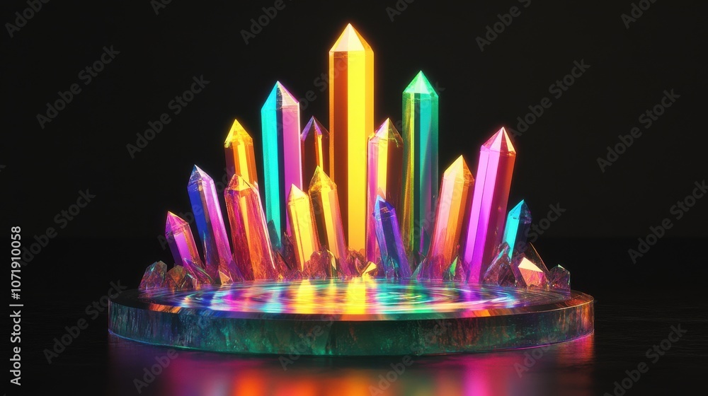 Poster a vibrant display of colorful crystals glowing against a dark background, creating a mystical and en