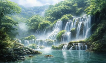 Fototapeta premium Watercolor Shifen Taiwan Waterfalls National Park Beautiful waterfalls, abundant, many foreigners come to visit