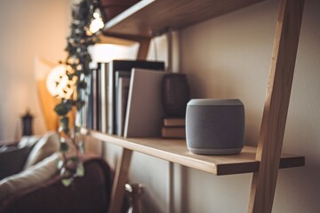 A sleek smart speaker sits on a wooden shelf in a warmly lit, cozy living room. Surrounded by books and indoor plants, this image captures a modern home setup blending technology.