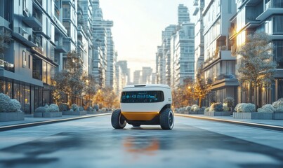 Fototapeta premium Autonomous delivery robot navigating city streets, revolutionizing urban logistics, 3D illustration