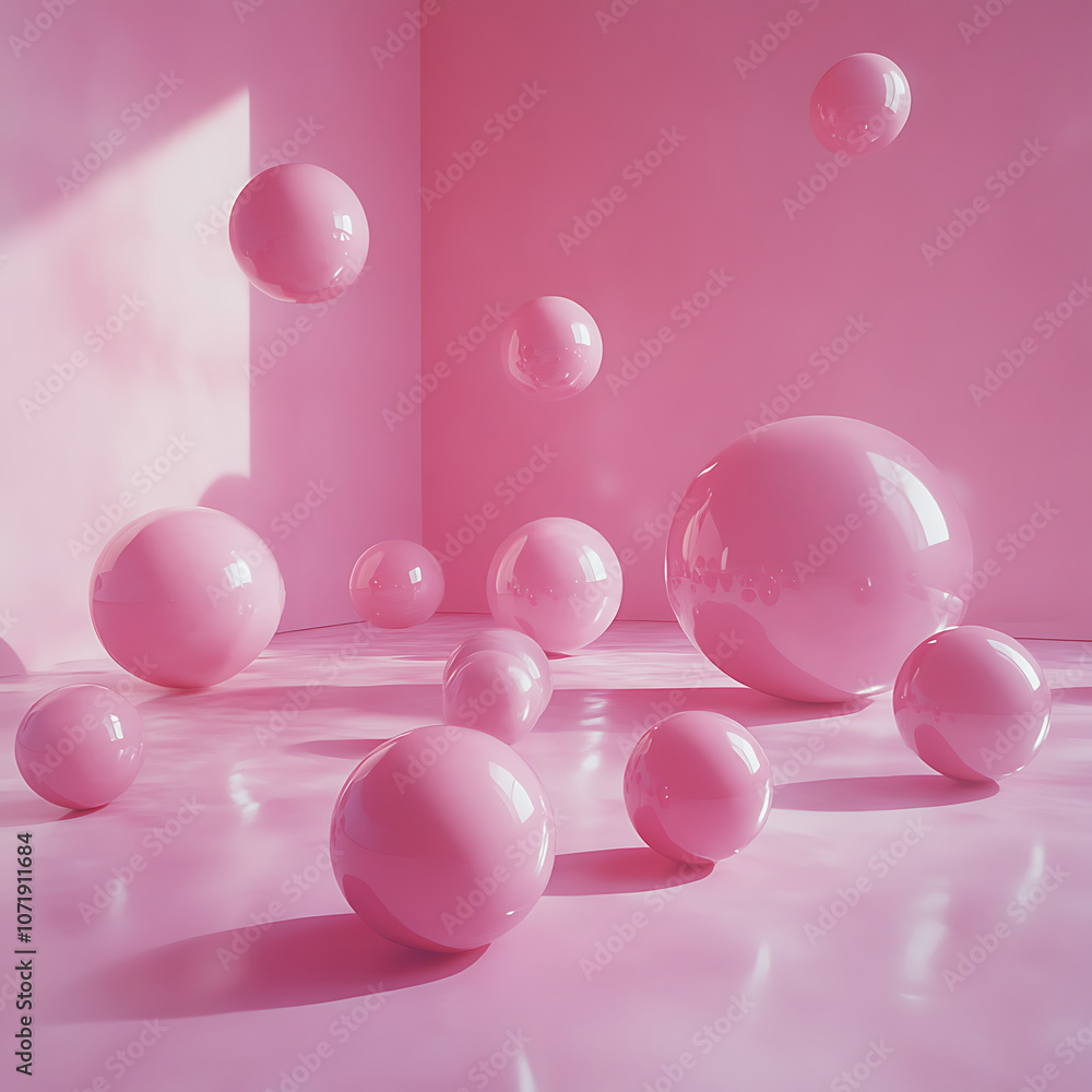 Poster very soft pink background fills empty space with glossy pink spheres creating playful and whimsical 
