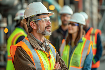 Close-up of a construction manager in safety gear supervising a project site, surrounded by a team of workers wearing helmets and vests.