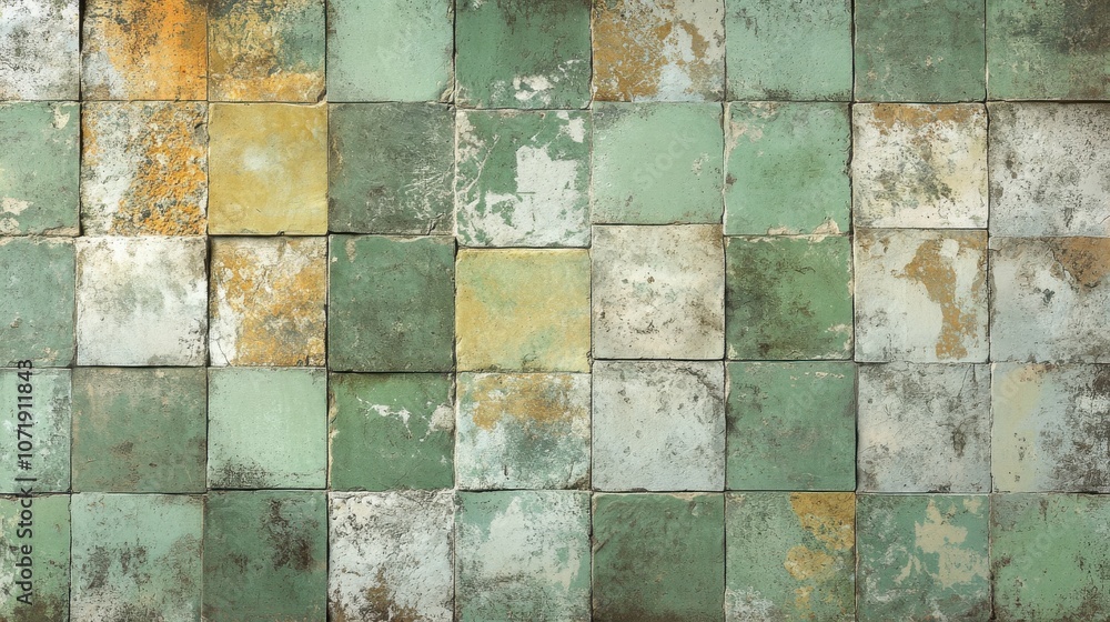 Poster weathered green and yellow tiles create a rustic, charming backdrop with a textured look.