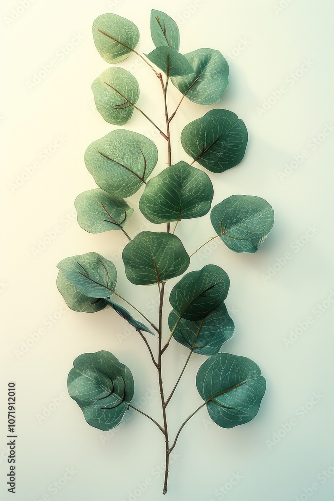 Poster a delicate eucalyptus branch with natural green leaves, showcasing realistic texture and subtle colo