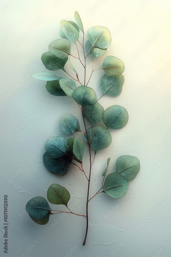 Poster a delicate eucalyptus branch with natural green leaves, showcasing realistic texture and subtle colo