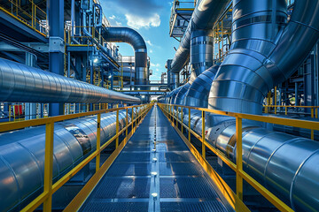 Naklejka premium A long industrial walkway lined with large metal pipelines and safety railings, representing modern infrastructure in an energy or manufacturing facility.