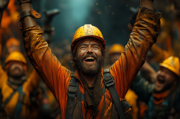 A happy worker with his arms raised in victory, surrounded by other workers wearing orange and yellow helmets