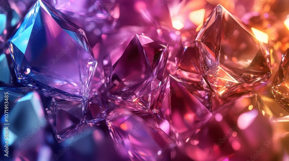 Poster a vibrant array of colorful crystals reflecting light in various hues, creating a dazzling visual sp