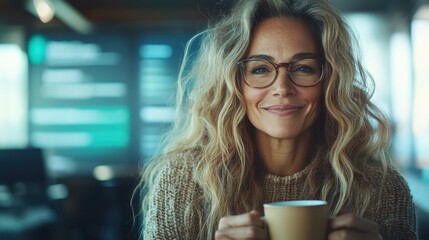 A smiling woman with curly hair and glasses enjoys a warm beverage, conveying a sense of coziness and contentment in a modern, welcoming setting.