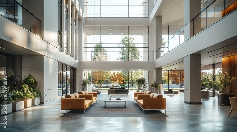 Poster modern interior design, a large open-space lobby with double-height ceilings in an office building. 