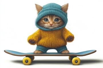 Fototapeta premium A cat on a skateboard. children's book illustration, postcard