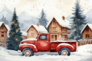 New Year's card, Christmas, red car on the street near the village. winter background, watercolor.