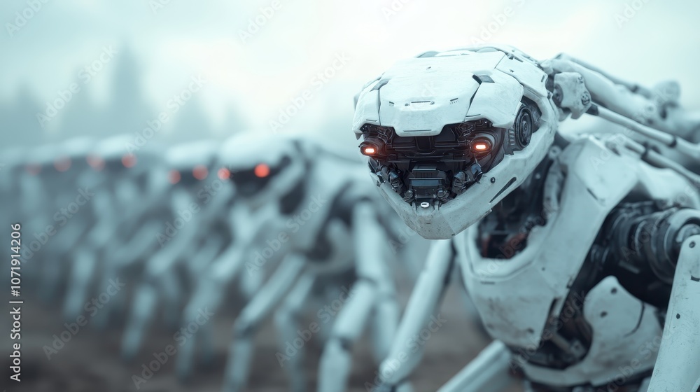 Poster a group of futuristic robots with glowing eyes in a misty setting, evoking themes of technology and 