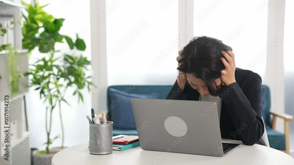 Aufkleber 女性、ビジネス、ノートパソコン、悩む、恥ずかしい、日本人、ショック、困る、トラブル、オフィス、炎上、失敗、残念、後悔、悩み、問題、仕事、職場、経営者、人材、がっかり、落ち込む、不運、インターネット、DX、オンライン、web、SNS、動画、働く、表情、ミドル、困りごと、悩み事、ストレス、辛い、あちゃー、間違い、ミス、迷う、憂鬱、プレッシャー、経営、マネジメント、悔しい、期待はずれ、疑問、心配、不安、