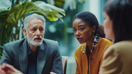 A man and a woman are sitting at a table, talking to each other