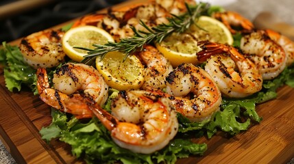 76.A beautifully arranged platter of grilled shrimp on a wooden cutting board, with bright lemon slices and sprigs of fresh rosemary. The shrimp are golden and perfectly cooked, accented by a bed of