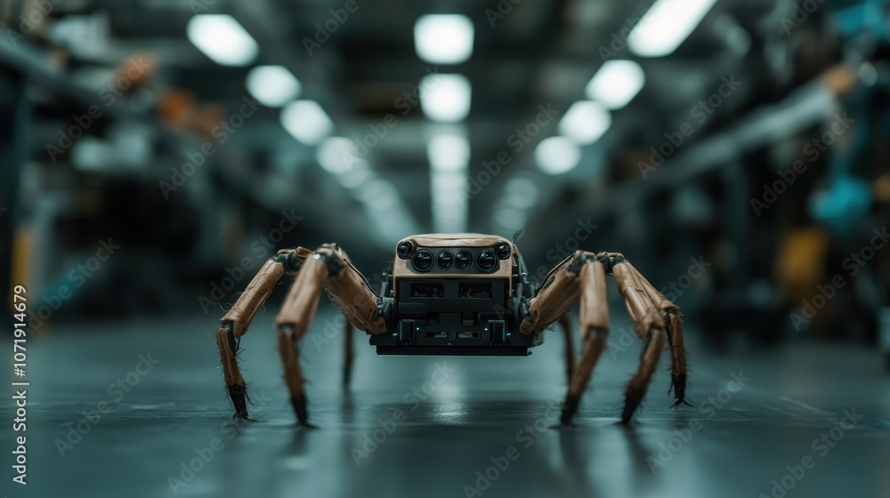 Poster a mechanical spider with numerous legs navigating an industrial floor, exuding a theme of advanced r