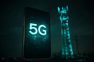 Smartphone with glowing 5g logo and telecommunications tower representing advanced connectivity