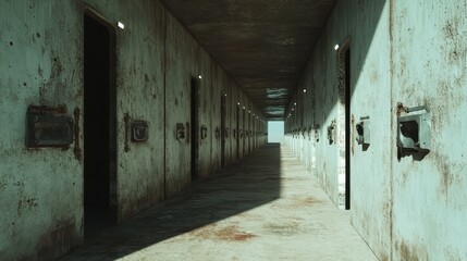Obraz premium A long, deserted corridor with open, rusty metal doors lining both sides, stretching into the distance, creating a mysterious and ominous atmosphere in the dim light.