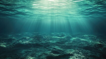 Naklejka premium An ethereal underwater scene with shimmering light rays piercing the tranquil ocean depths.