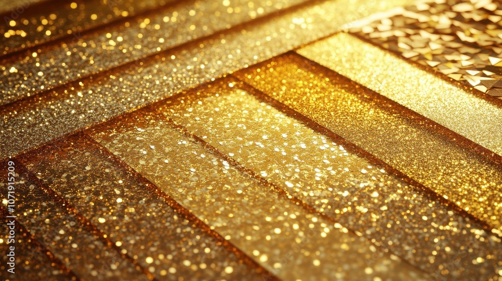 Poster an array of shimmering gold glitter papers, showcasing various textures and sparkle levels in warm g