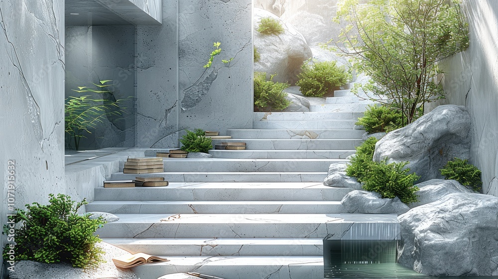 Poster an abstract geometric design with concrete stairs, green plants and books on the steps, rocks around