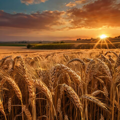 Golden Wheat Field Swaying in the Breeze Under a Sunset Sky