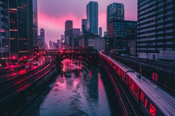 Fototapeta premium Vibrant digital cityscape with neon lights showcasing a futuristic urban environment