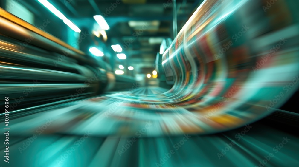 Poster dynamic capture of a high-speed printing press with a moving paper roll, emphasizing the innovation 