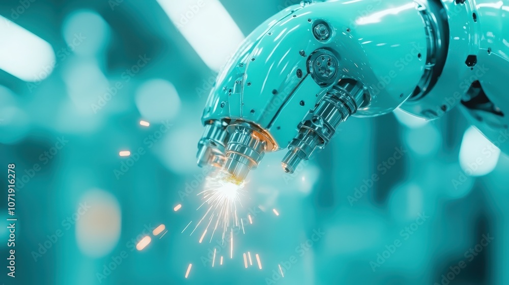 Poster a robotic arm emits vibrant sparks in a technological environment, symbolizing industrial progress, 