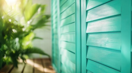 Obraz premium Bright turquoise shutters and greenery bathed in warm sunlight, depicting a cheerful, vibrant setting that evokes freshness, warmth, and a sense of tranquility.