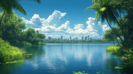 Obraz premium Cityscape View Over Large Lake with Green and Blue Nature Travel Illustration Background Generative AI