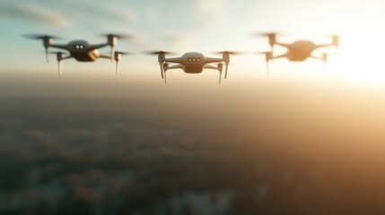 A trio of drones soar in formation against a bright sky at sunrise, symbolizing modern technology and progress in aerial innovation and exploration.