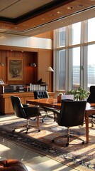 Fototapeta premium A modern office space featuring a conference table, chairs, and natural light.