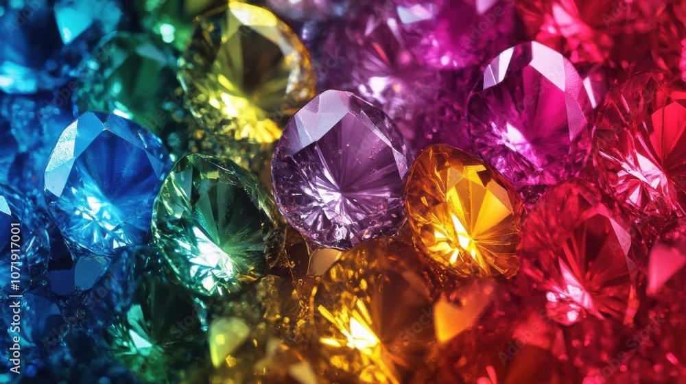 Poster vibrant array of colorful gemstones reflecting light, creating a dazzling spectrum of colors.