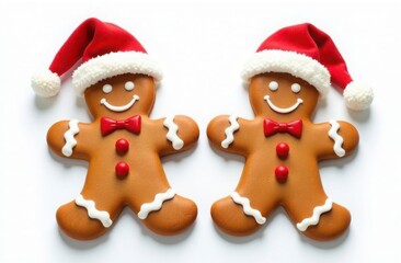 Two gingerbread cookies in Santa hats on a white background, decorated with red buttons and bow ties, smiling faces and white icing details