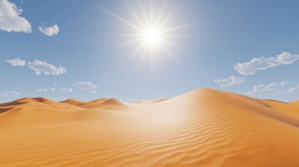 Fototapeta premium A stunning desert landscape with golden dunes under a bright sun and blue sky, evoking a serene and tranquil atmosphere.