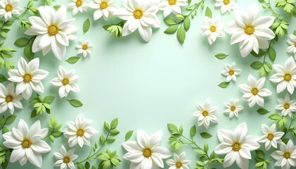 Obraz premium A high-definition 3D wallpaper design with white and green flowers. The wallpaper features realistic textures and vibrant details, creating an elegant and fresh floral pattern suitable for modern inte
