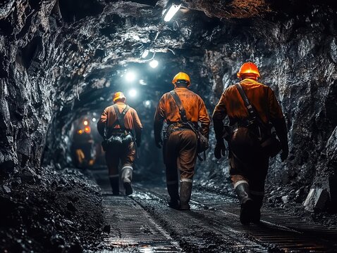 dynamic miners working in dark, rugged conditions, illuminated by their headlamps, showcasing the arduous labor and resilience within coal and energy sectors