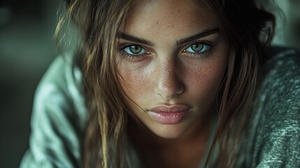 Fototapeta premium A striking close-up of a woman with intense eyes and defined facial features, emanating deep emotion and mystery, set in moody lighting.