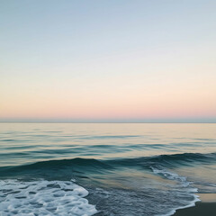 Naklejka premium Serene Ocean Horizon at Dawn with Gentle Waves and Soft Pastel Morning Sky