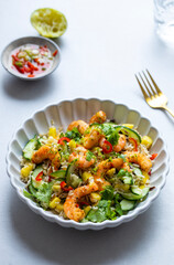 Prawn, cucumber, mango and rice salad