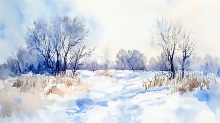 Obraz premium Snowy Field with Bare Trees in Soft Blue Tones