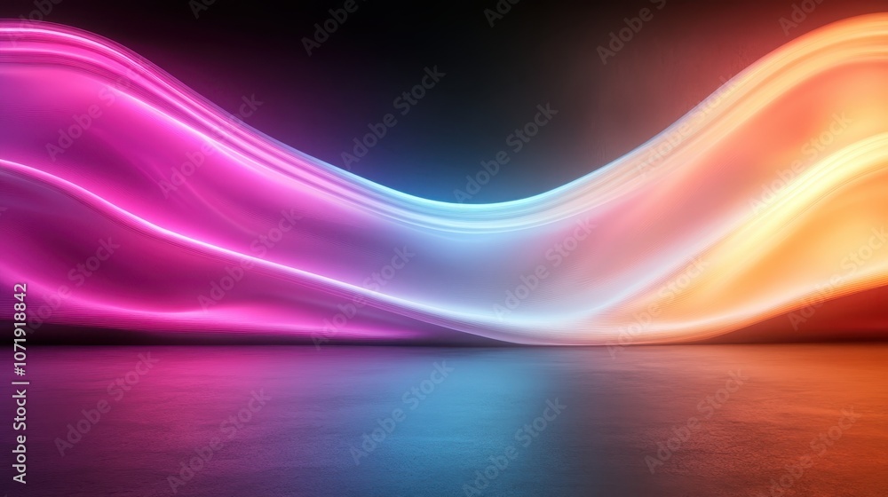 Poster an eye-catching image displaying dynamic neon waves of color lighting up a dark background, perfect 