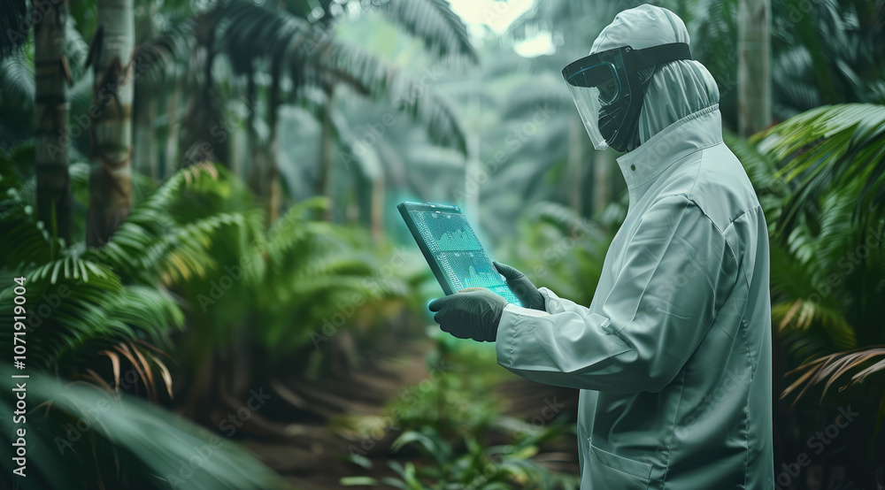 Poster oil palm plantation futuristic data overlay with scientist holding a digital device.