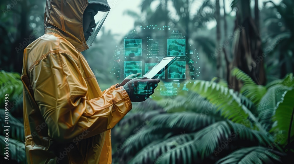 Poster oil palm plantation futuristic data overlay with scientist holding a digital device.